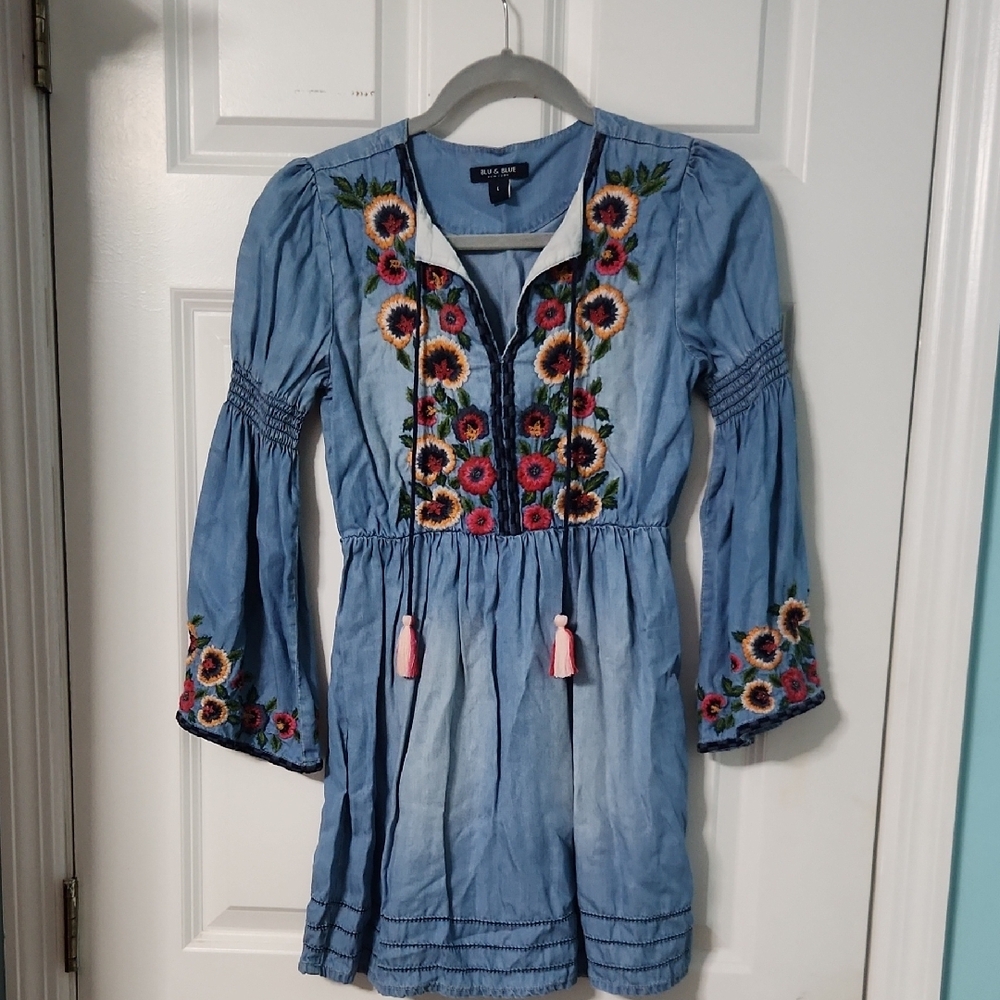 BLU & BLUE Pleated Bishop Sleeve Sundress Embroided